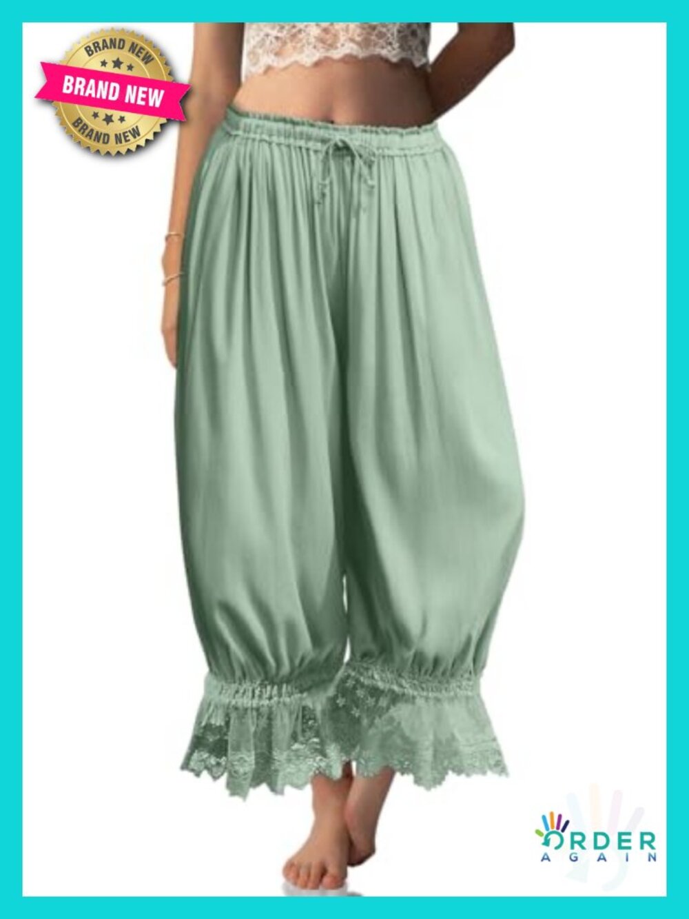 Linen Lace Trim Long Bloomers Pants with Pocket